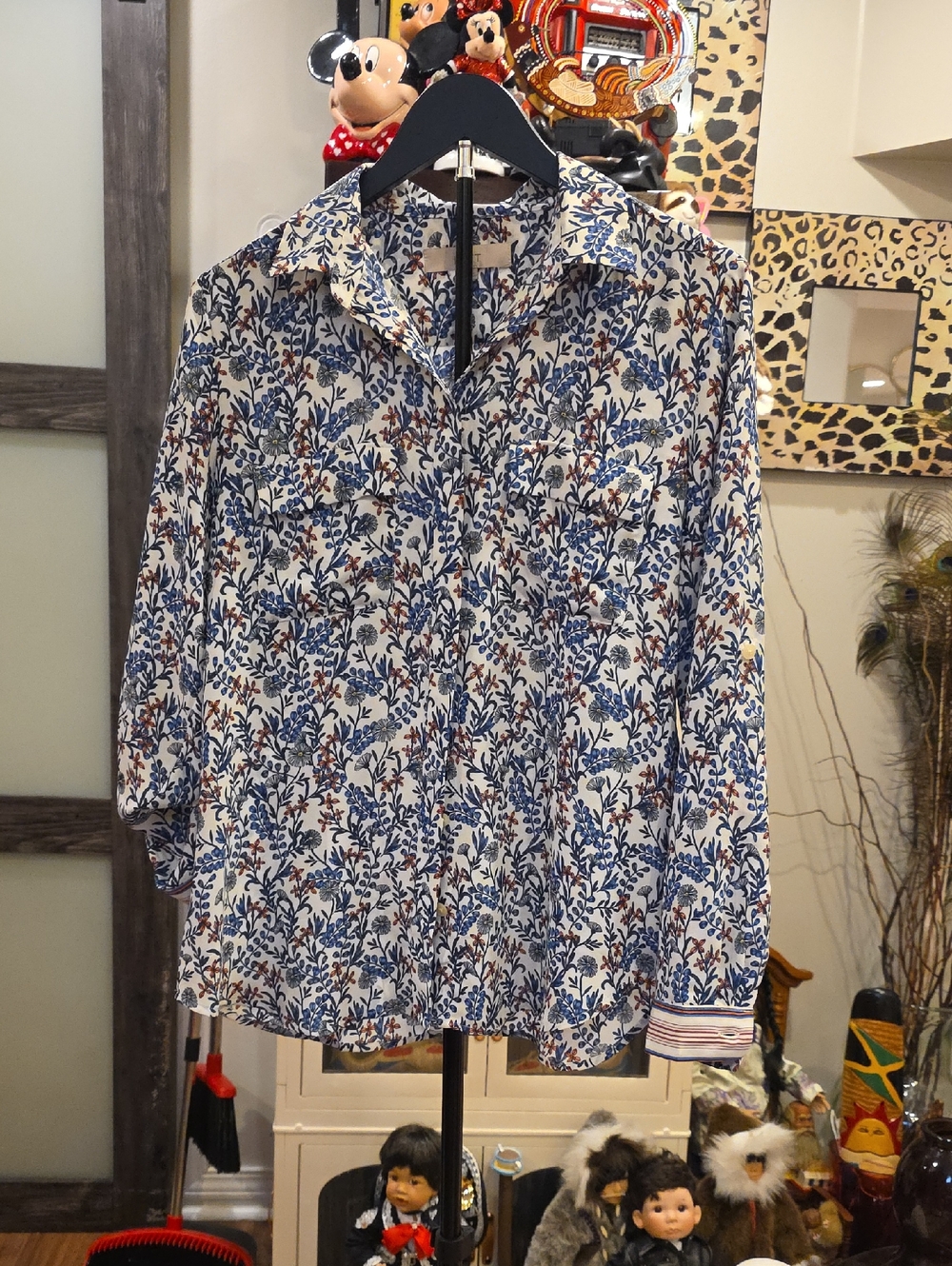 LOFT Floral Button-Down Shirt in Blue and White with Rust Accents